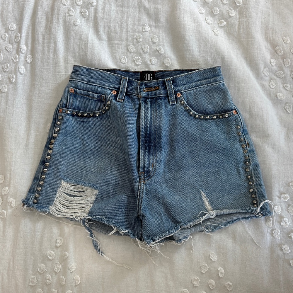 BDG high rise denim shorts with studded details